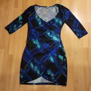 Elegant Blue and Green Long Sleeve Dress